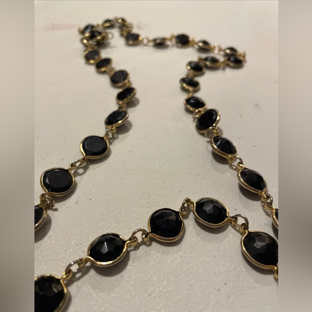 Vintage Gold Tone Necklace with Black Faceted Stones - 34"